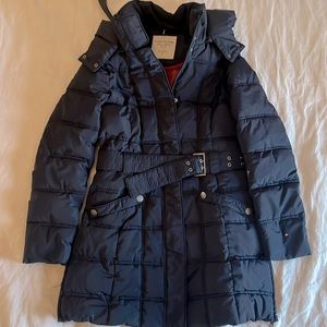 Tommy Hilfiger Women's Belted Hooded Puffer Coat, navy blue size XS